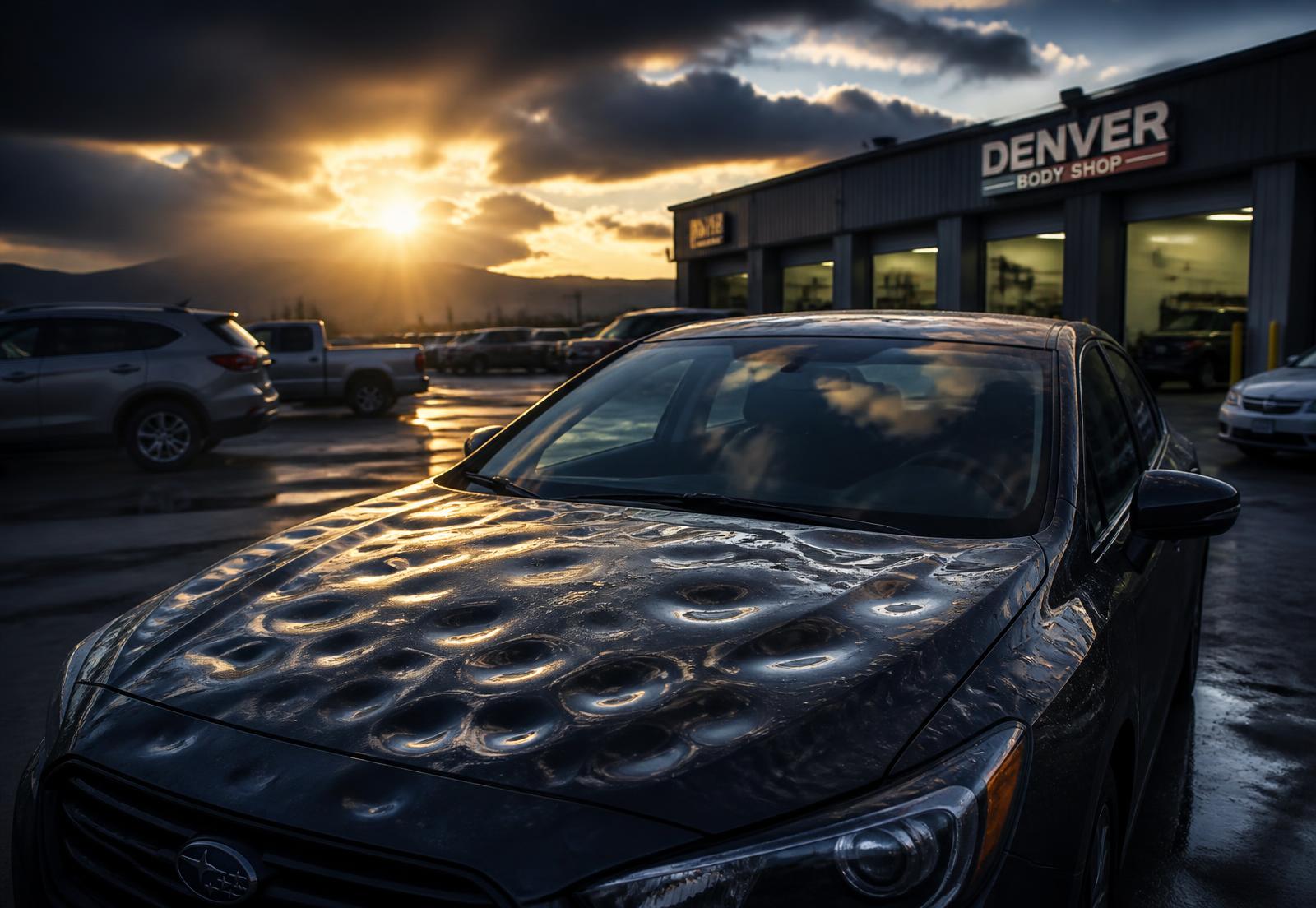 Vehicle with severe hail damage outside a Denver body shop
